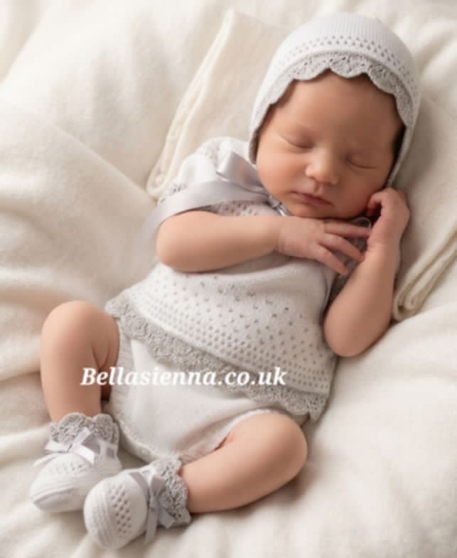 Mac ilusion Newborn Baby Girls Four Piece Fine Knitted Outfit  White & Silver Grey 7230X
