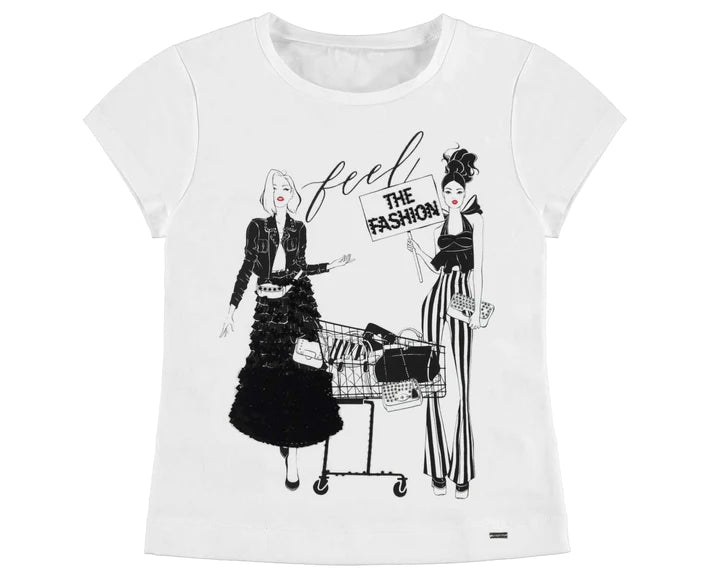 MAYORAL GIRLS WHITE SHORT SLEEVED FASHION PRINT TOP STYLE 6026