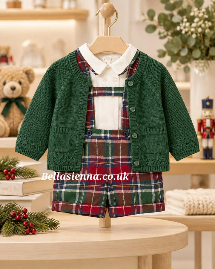Mayoral Boys Three Piece Tartan Set With Green Cardigan - 2239