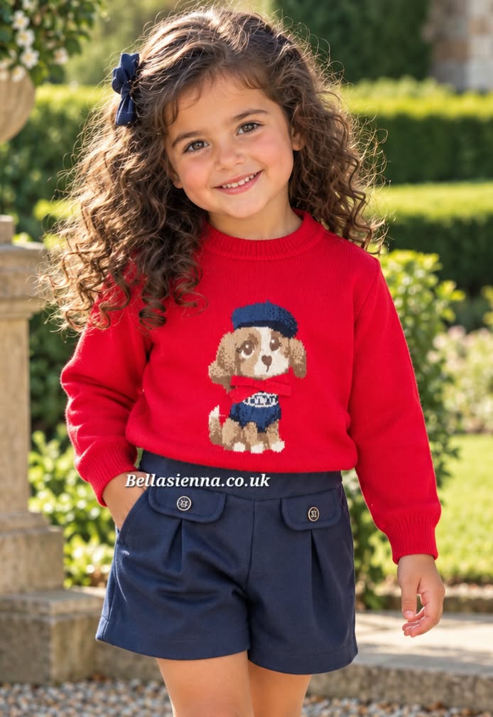 Mayoral Girl Red "Puppy Dog" Jumper With Bow & Navy Twill Shorts - 2385 & 2202