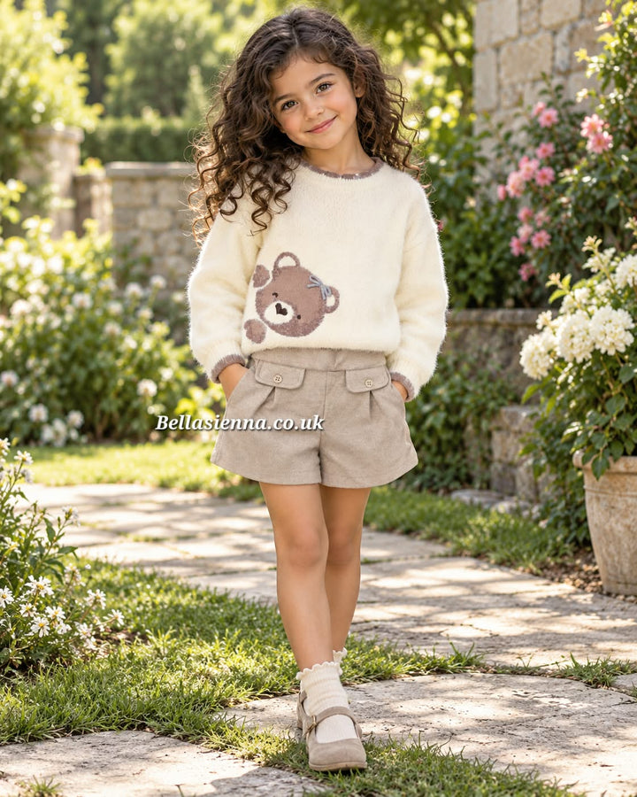 Mayoral Girls Cream & Beige Super Soft "Teddy Bear" Jumper  & Beige Twill Shorts - 2383 & 2202