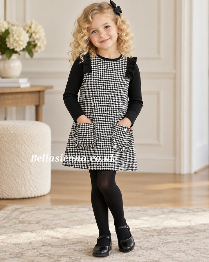 Mayoral Long Sleeved Black And White Dog Tooth Dress - 4921 - Black