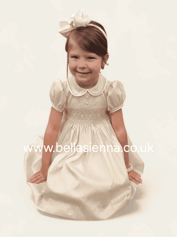 Pretty Originals Hand Smocked "Luxe" Fabric Dress With Built In Underskirt - BD02289- Wheat/Beige - Gold