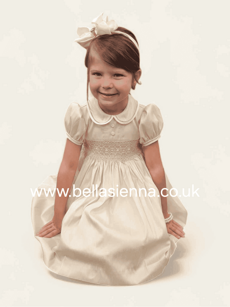Pretty Originals Hand Smocked "Luxe" Fabric Dress With Built In Underskirt - BD02289- Wheat/Beige - Gold