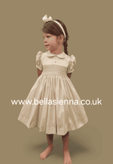 Pretty Originals Hand Smocked "Luxe" Fabric Dress With Built In Underskirt - BD02289- Wheat/Beige - Gold