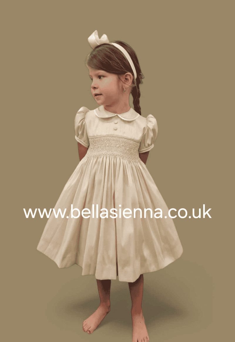 Pretty Originals Hand Smocked "Luxe" Fabric Dress With Built In Underskirt - BD02289- Wheat/Beige - Gold