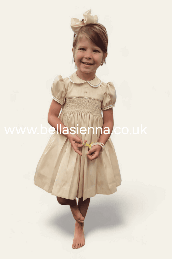 Pretty Originals Hand Smocked "Luxe" Fabric Dress With Built In Underskirt - BD02289- Wheat/Beige - Gold