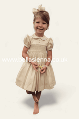 Pretty Originals Hand Smocked "Luxe" Fabric Dress With Built In Underskirt - BD02289- Wheat/Beige - Gold