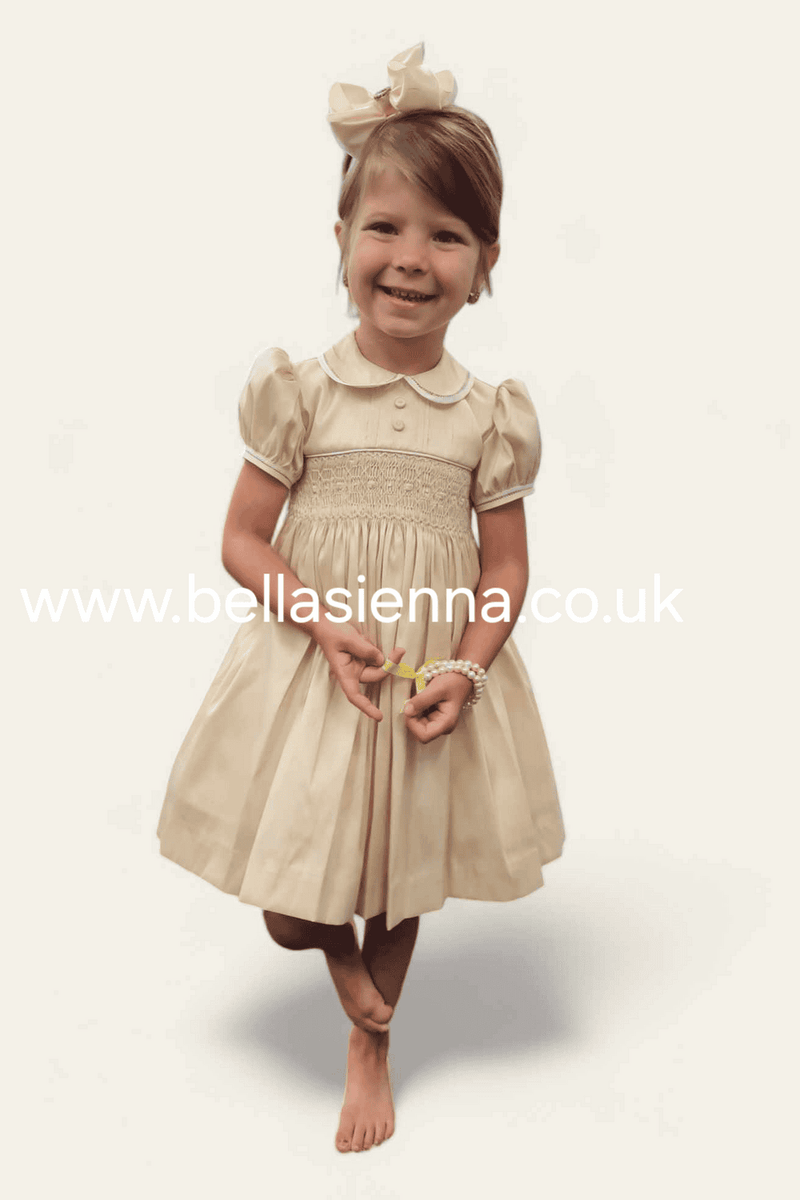 Pretty Originals Hand Smocked "Luxe" Fabric Dress With Built In Underskirt - BD02289- Wheat/Beige - Gold