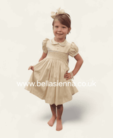 Pretty Originals Hand Smocked "Luxe" Fabric Dress With Built In Underskirt - BD02289- Wheat/Beige - Gold