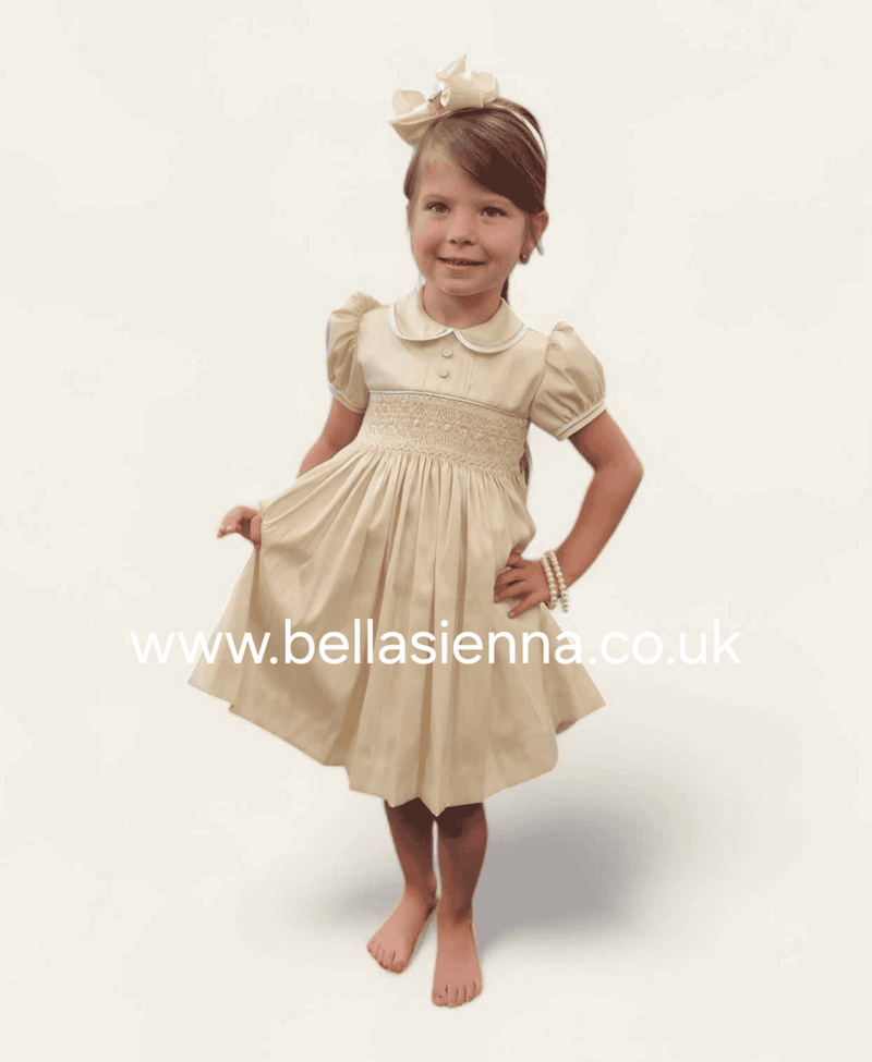 Pretty Originals Hand Smocked "Luxe" Fabric Dress With Built In Underskirt - BD02289- Wheat/Beige - Gold