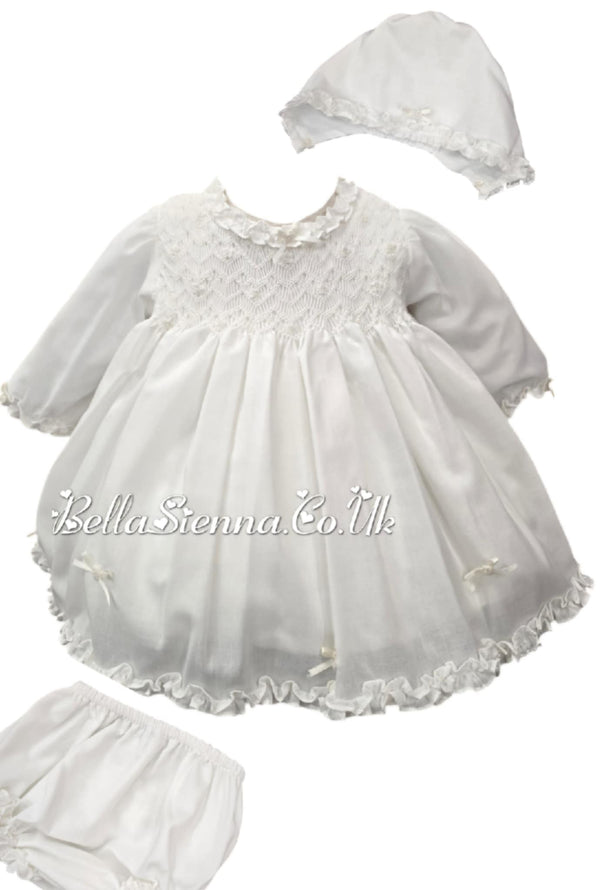 Sarah Louise Ivory Hand Smocked Dress, Pants & Bonnet Set - 013347