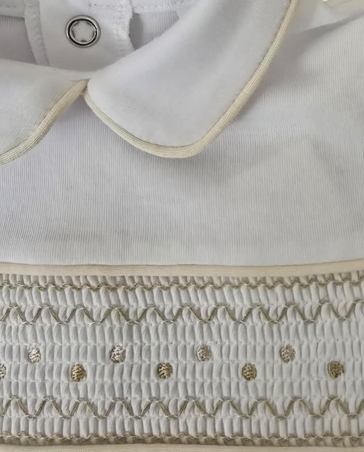 Beige & White Cotton, Smocked Boys Shorts Set - 301