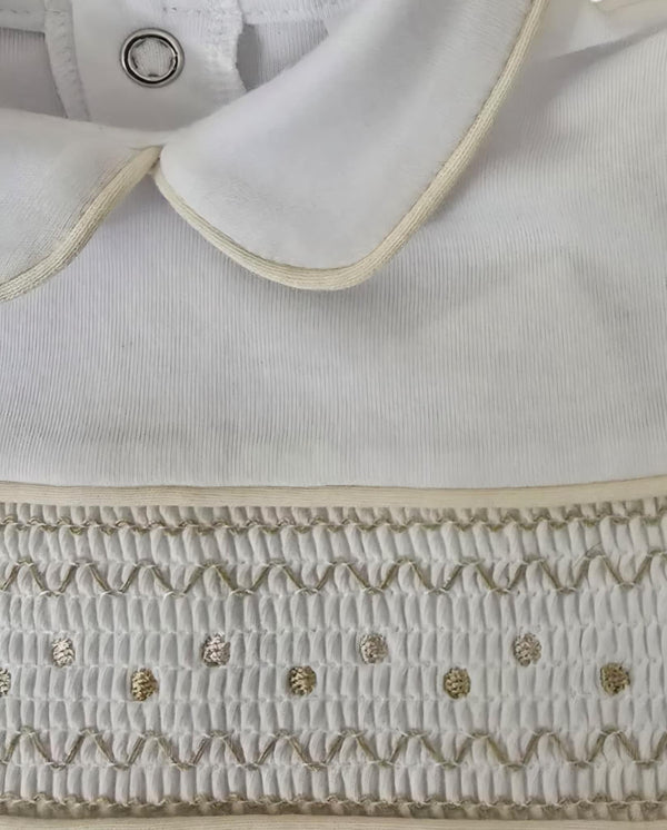 Beige & White Cotton, Smocked Boys Shorts Set - 301
