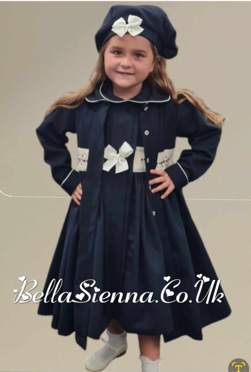 Pretty Originals Hand Smocked Navy & Cream Traditional Style Coat & Matching Hat - MC01409