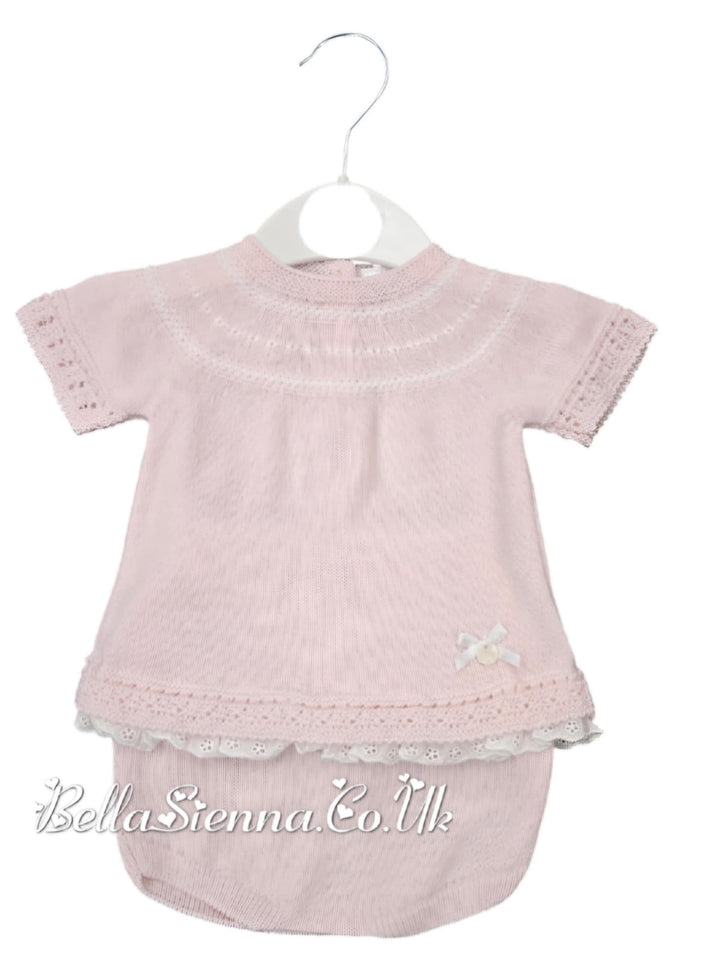 Pale Pink & White Knitted Two Piece Set With Bow - B0556