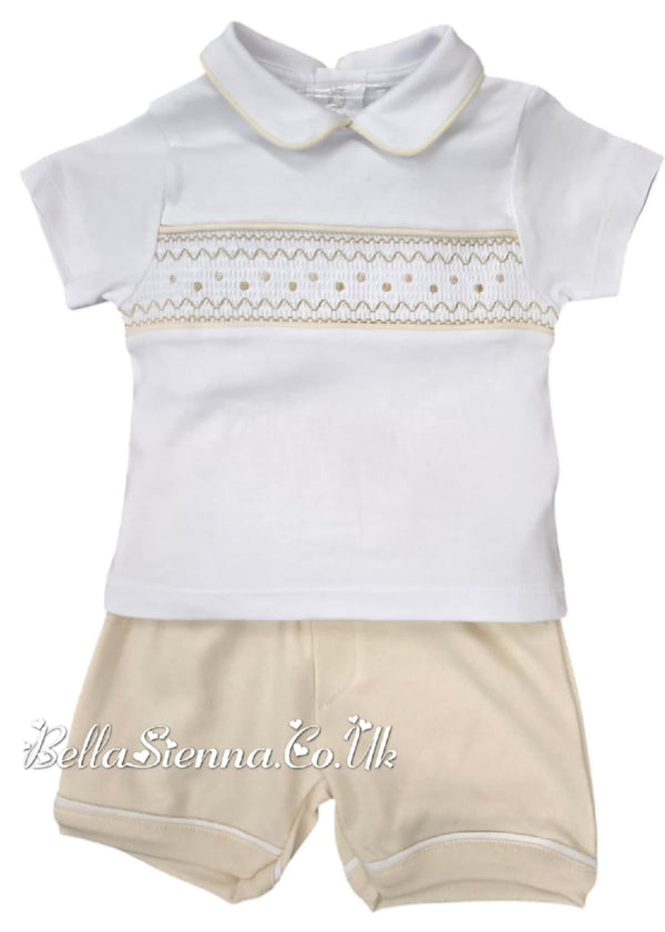 Beige & White Cotton, Smocked Boys Shorts Set - 301