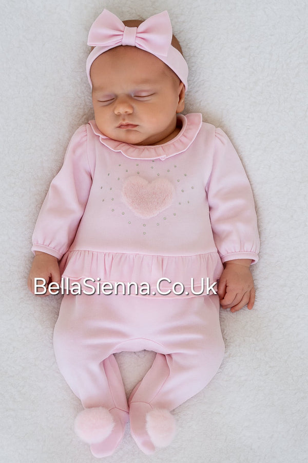 Mintini Pink All In One Fluffy Heart Babygrow - MB5536