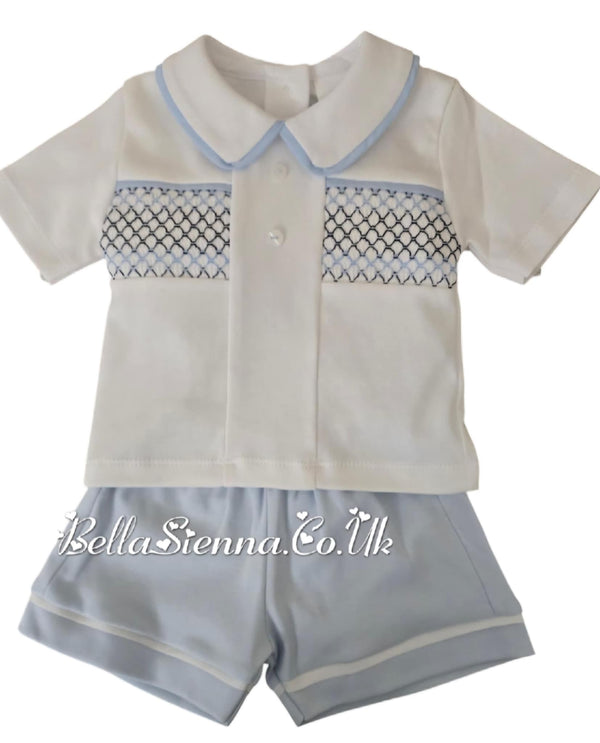 Blue, White & Navy Cotton, Smocked Boys Shorts Set - SG111