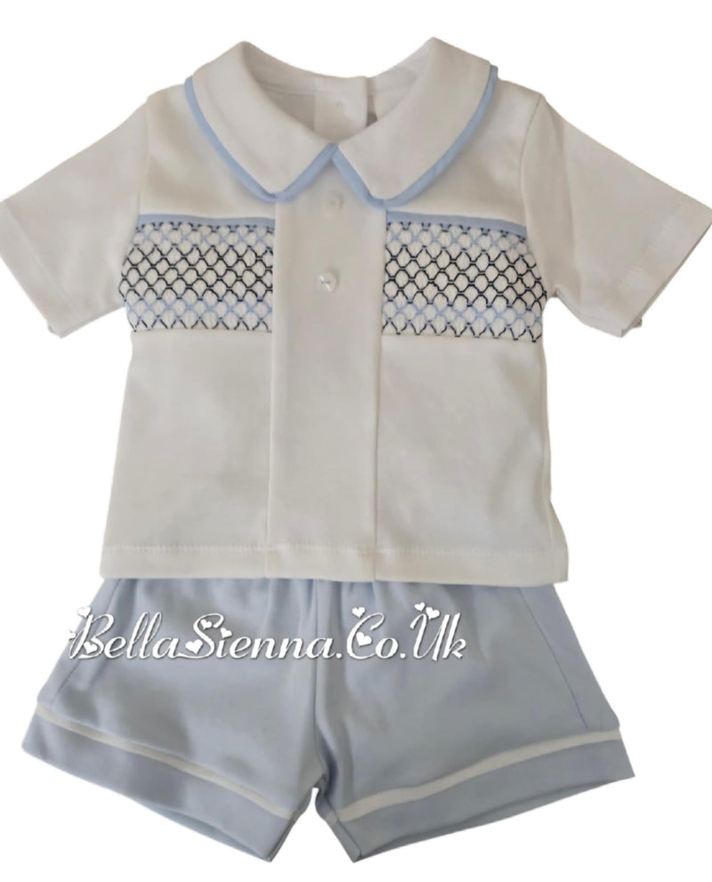 Blue, White & Navy Cotton, Smocked Boys Shorts Set - SG111