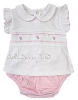Girls White & Pink Smocked Jam Pants Set - 21113