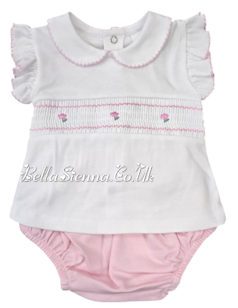 Girls White & Pink Smocked Jam Pants Set - 21113