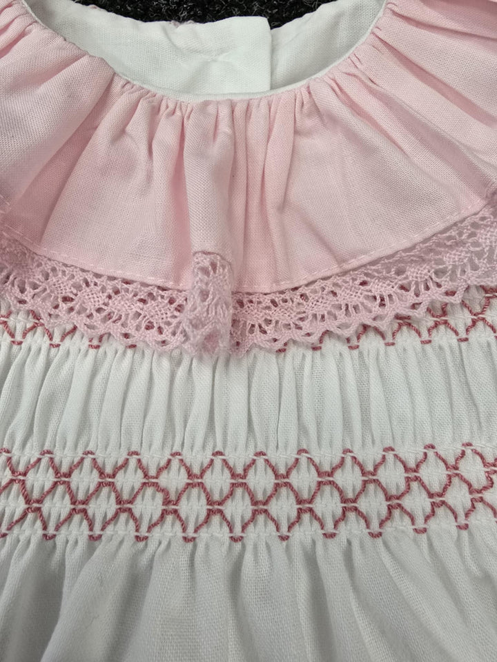 Girls White & Pink Smocked Romper With Bow On The Back - SG105