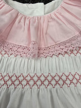 Girls White & Pink Smocked Romper With Bow On The Back - SG105
