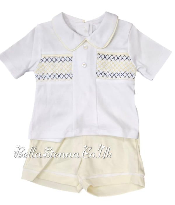 Lemon, White & Navy Cotton, Smocked Boys Shorts Set - SG111