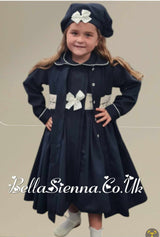 Pretty Originals Navy & Cream Hand Smocked Dress With Hair Bow - MC01408