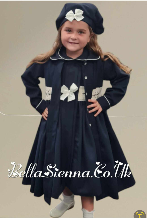 Pretty Originals Navy & Cream Hand Smocked Dress With Hair Bow - MC01408