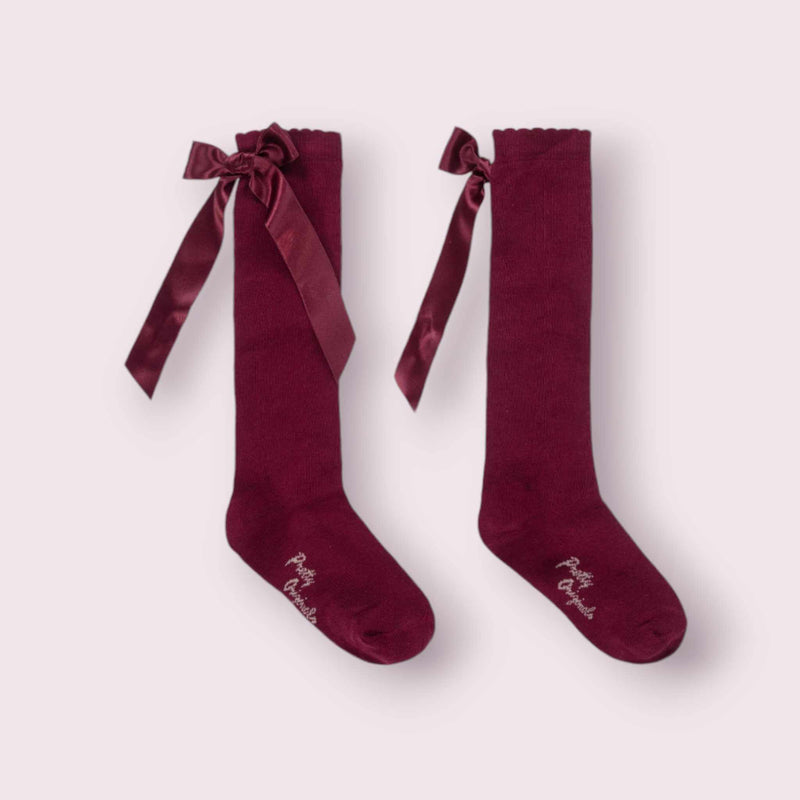 Pretty Originals Burgundy Satin Bow Knee Socks - SC40301