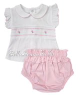 Girls White & Pink Smocked Jam Pants Set - 21113