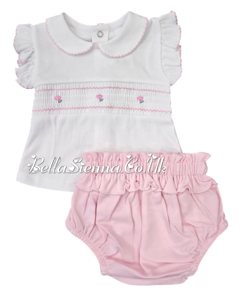 Girls White & Pink Smocked Jam Pants Set - 21113