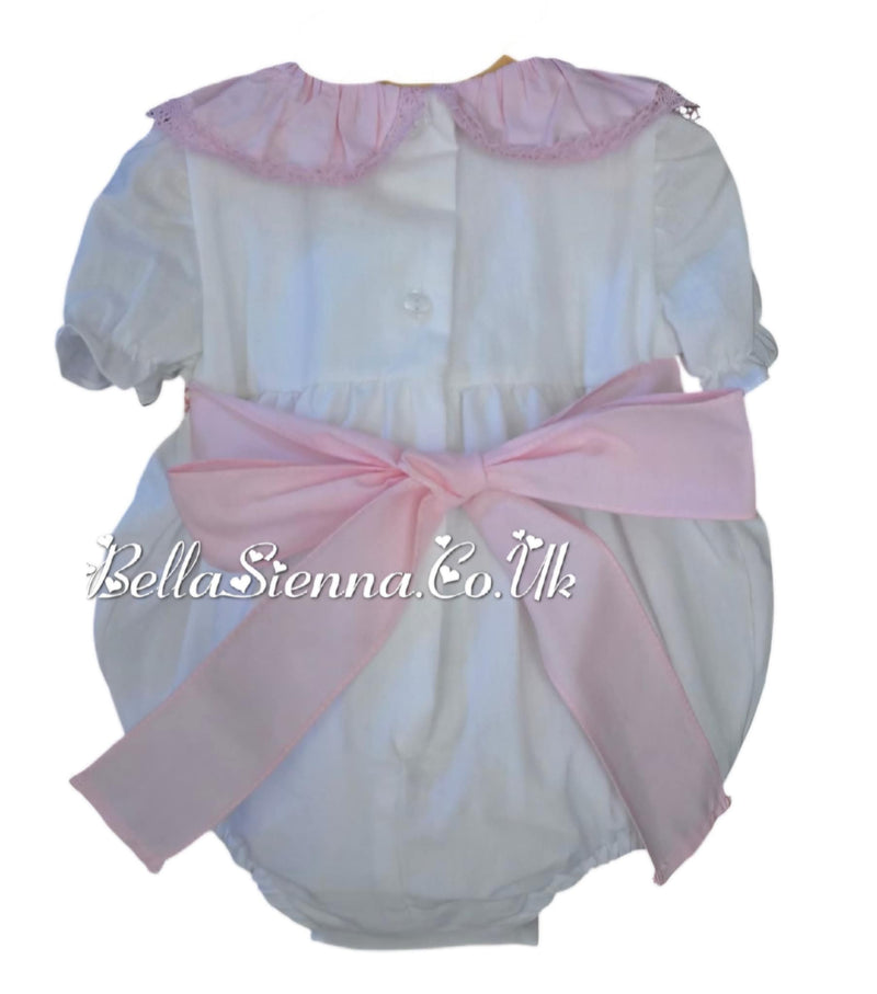 Girls White & Pink Smocked Romper With Bow On The Back - SG105