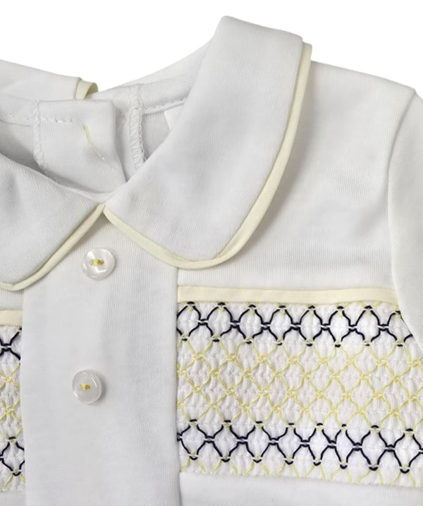 Lemon, White & Navy Cotton, Smocked Boys Shorts Set - SG111