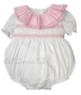 Girls White & Pink Smocked Romper With Bow On The Back - SG105