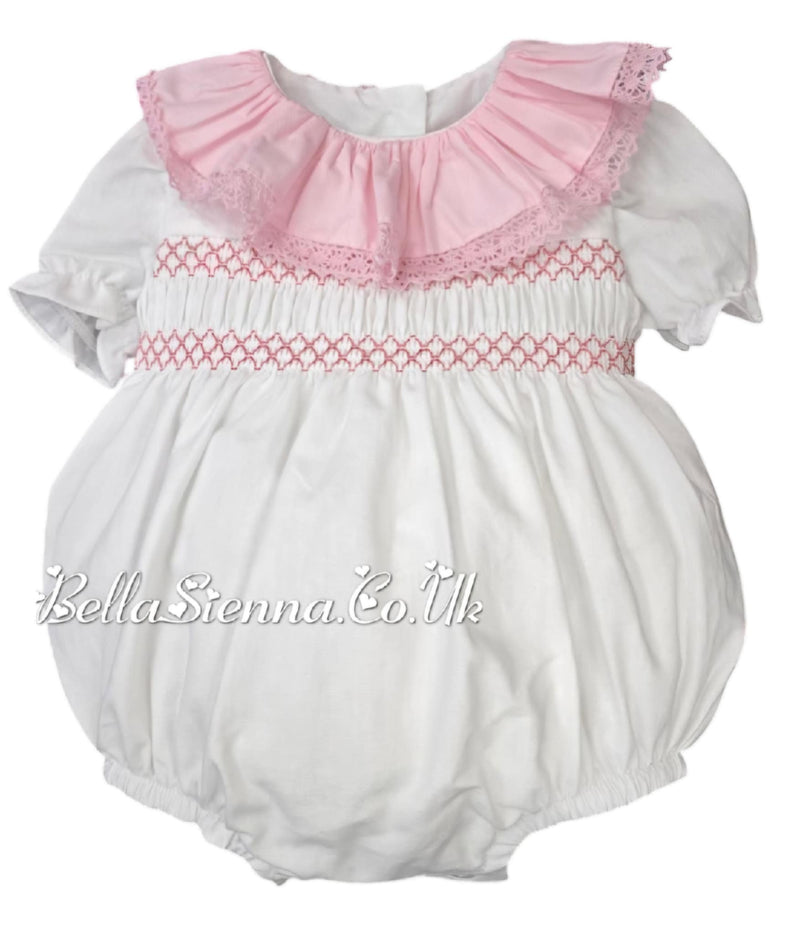 Girls White & Pink Smocked Romper With Bow On The Back - SG105