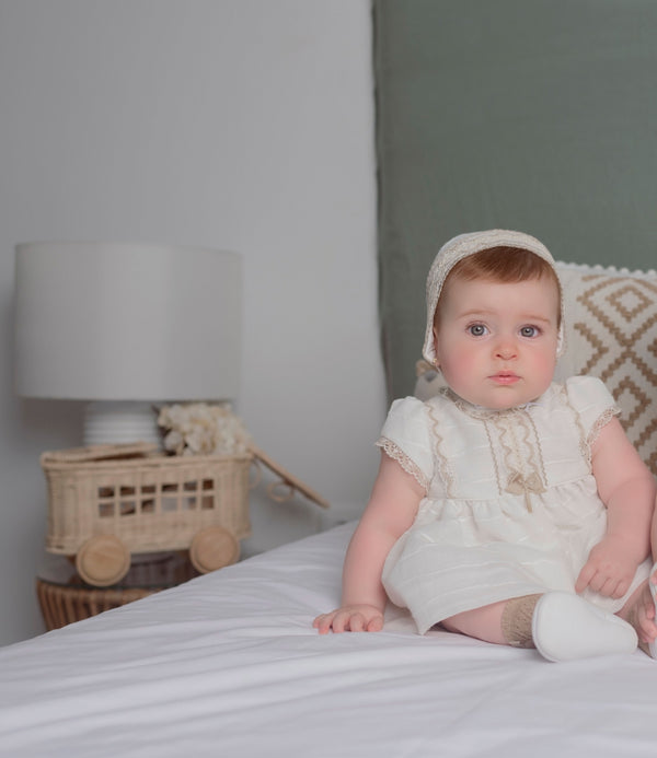Miranda Baby Girls Ivory & Beige Dress, Pants & Bonnet Set - 0021 VBG