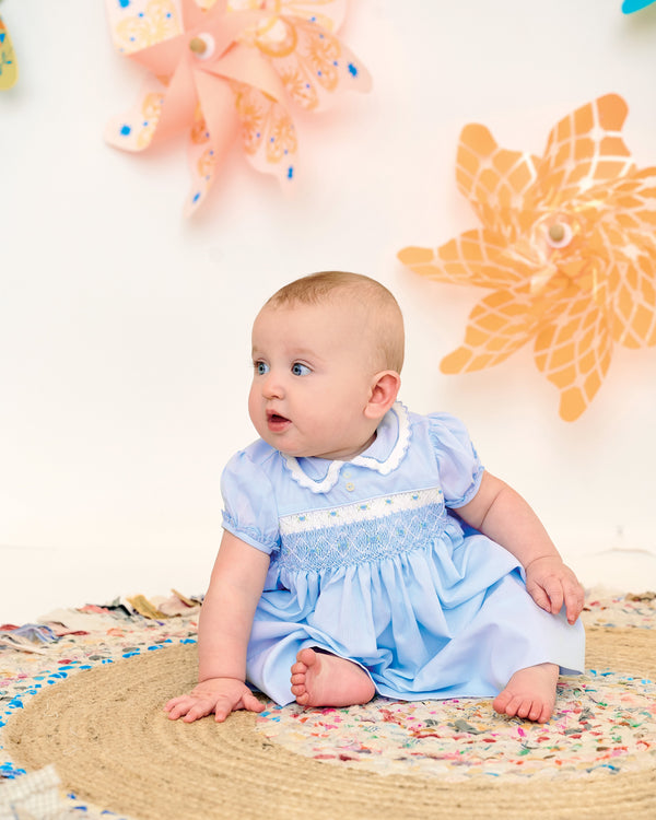 Sarah Louise Blue & White Hand Smocked Dress With Collar - 013200