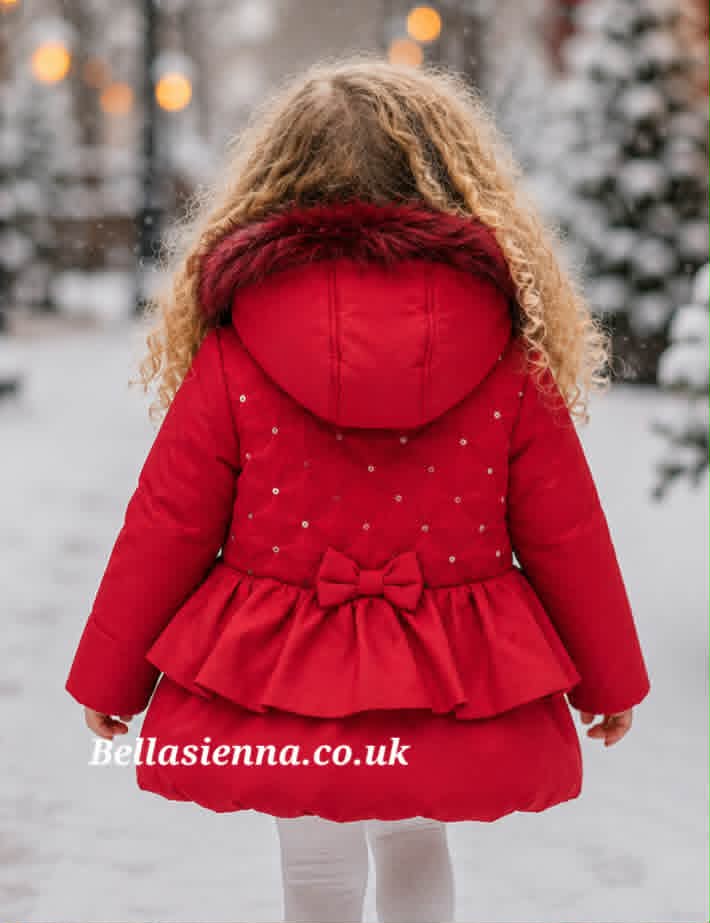 Mintini Baby Girl Red Jacket with Fur Trim Hood MB480