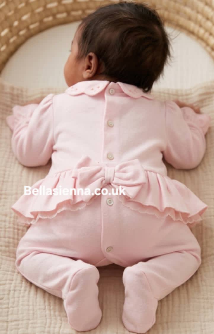 Mintini Baby Pink All In One Babygrow, Sleepsuit With Bow On The Back - MB6796