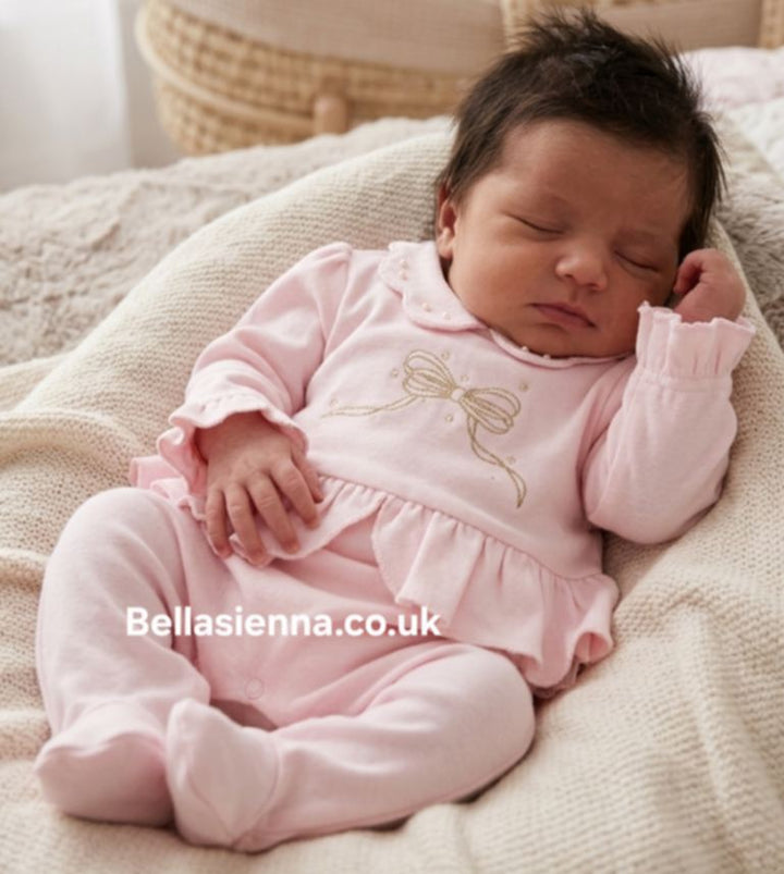 Mintini Baby Pink All In One Babygrow, Sleepsuit With Bow On The Back - MB6796