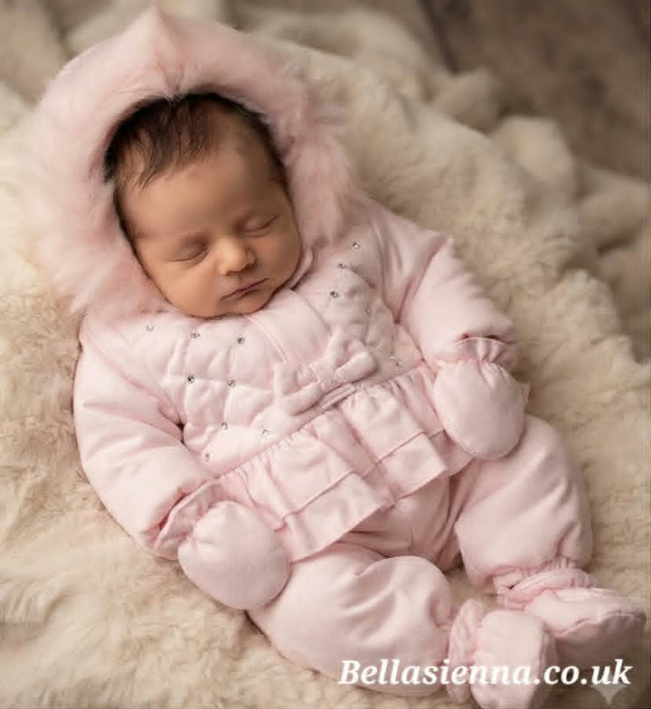 Mintini Baby Girls Pink Faux Fur Trim & Bow Snowsuit MB4975