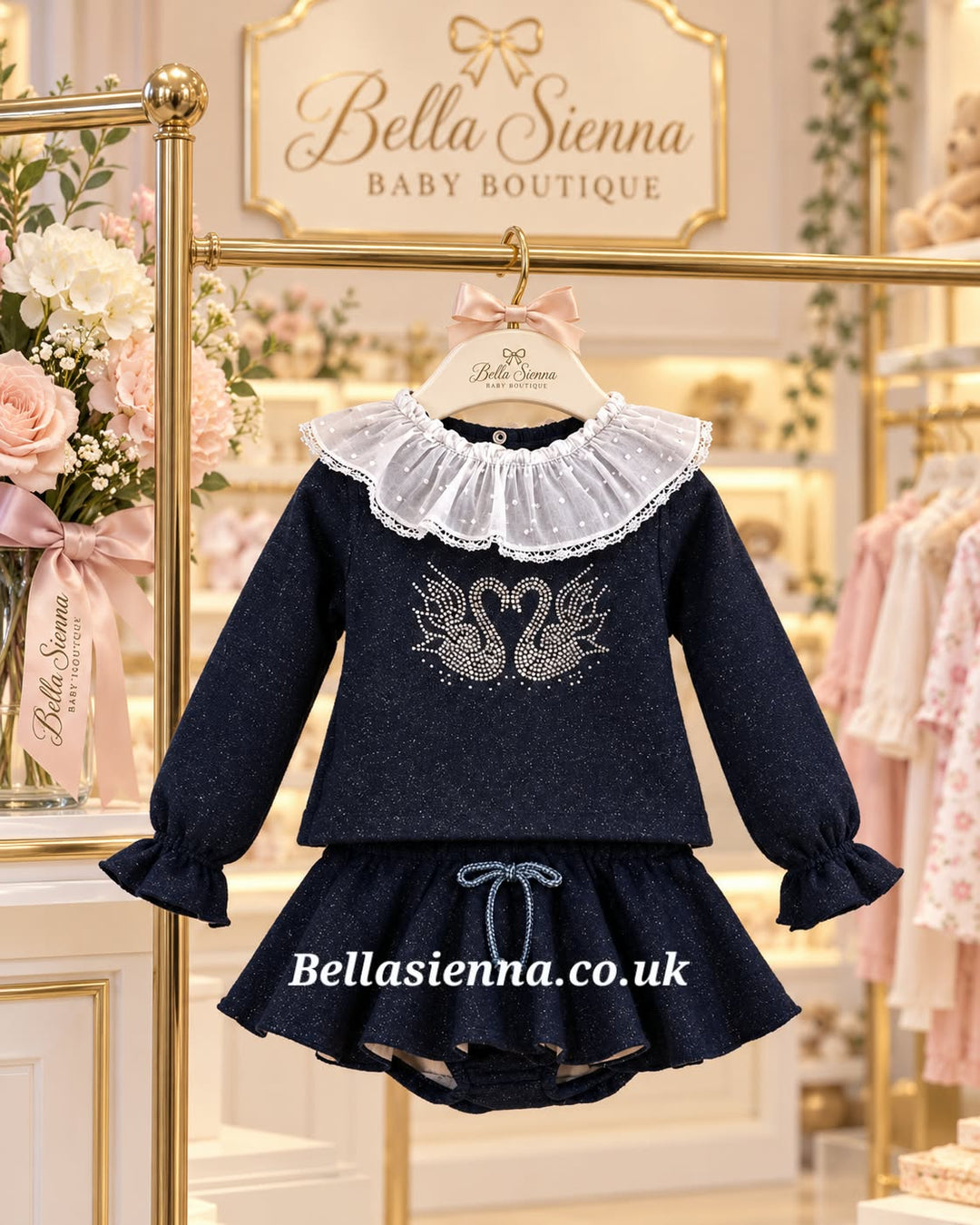 Miranda Girls Navy Jumper & Skort Set With Sparkly Swans - 622