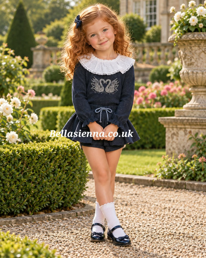 Miranda Girls Navy Jumper & Skort Set With Sparkly Swans - 622