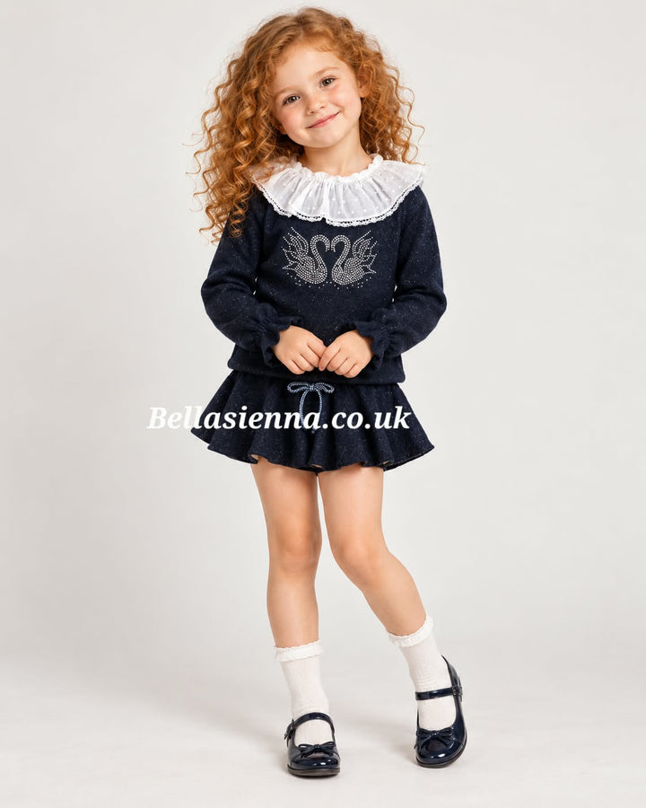 Miranda Girls Navy Jumper & Skort Set With Sparkly Swans - 622