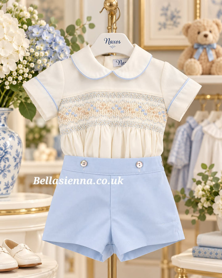 Naxos Boys Two Piece Blue &amp; Ivory Hand Smocked Buster Suit With Beige & Blue Smocking - 7610
