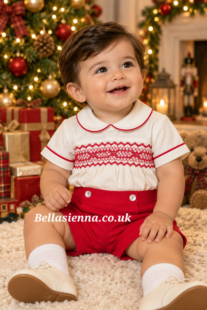 Naxos Ivory & Red Hand Smocked Boys Buster Suit - 7610