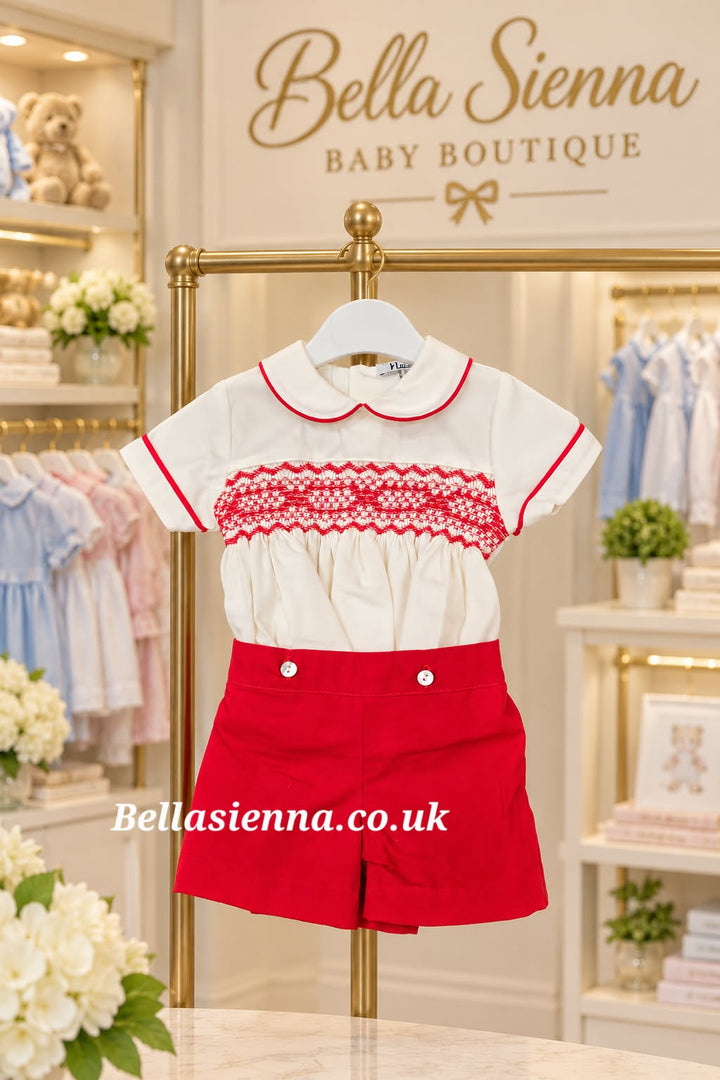 Naxos Ivory & Red Hand Smocked Boys Buster Suit - 7610